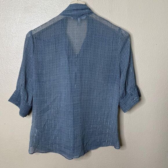 French Connection Shirt Women's Large Gray Spotted Sheer Blouse Short Sleeve - Picture 11 of 11